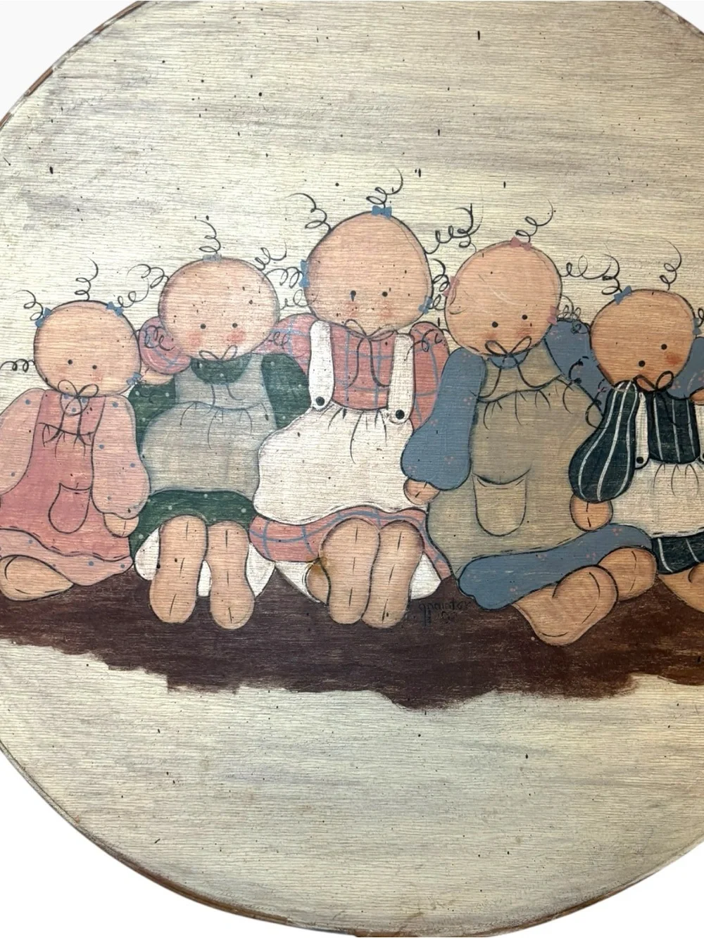 Vintage Bentwood Cheese Box Round Wooden Pantry Box Folk Art Painted Rag Dolls